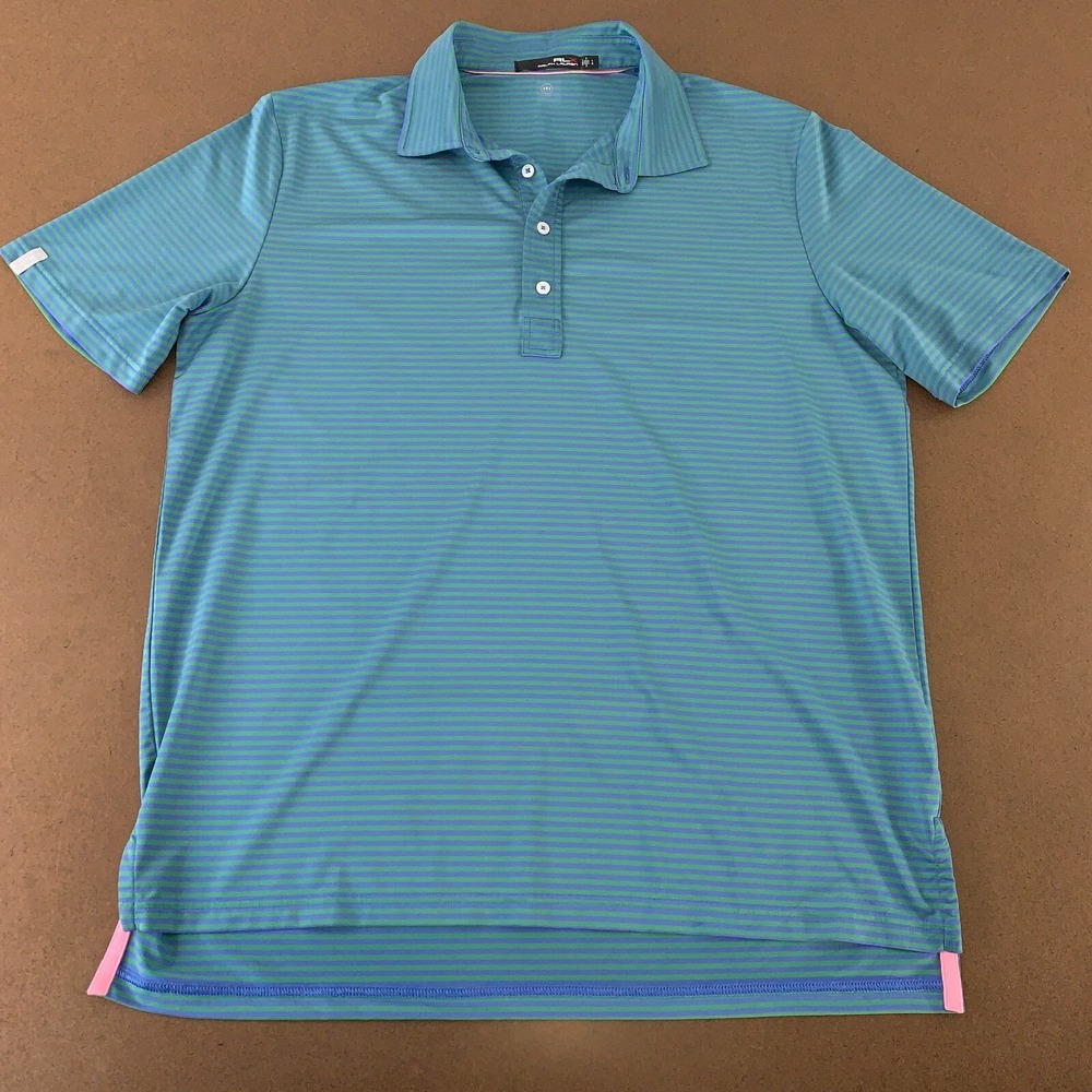 RLX Ralph Lauren Men's Size Large Blue Green Stripe Short Sleeve Polo Shirt